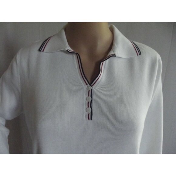 Karen Scott Medium White Red Black Ribbed V-Neck Henley Sweater nautical collar - Picture 2 of 7